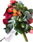 Rouwwerk met anturium dubbelkleur rozen en eucalyptus
